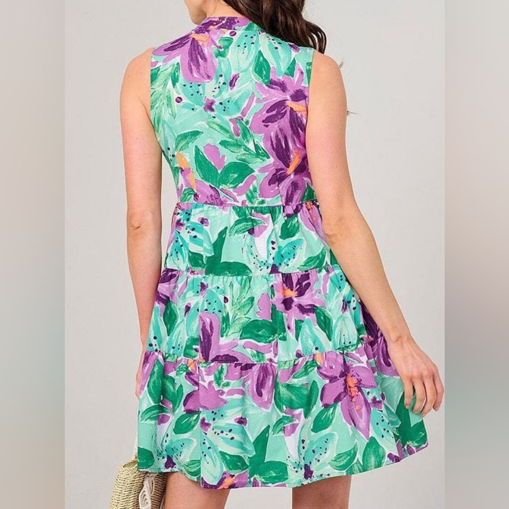 Green and Purple Medium Floral Tiered Ruffled Sundress - Picture 5 of 15